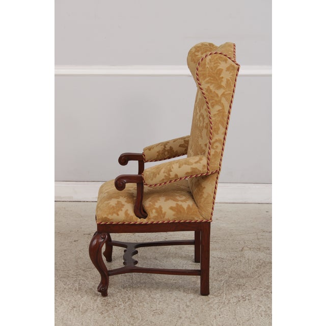 1990s Pair French Oak Carved Wing Back Damask Chairs For Sale - Image 5 of 18