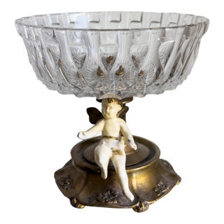 Vintage Hollywood Regency Cherub Glass Compote Candy Dish For Sale
