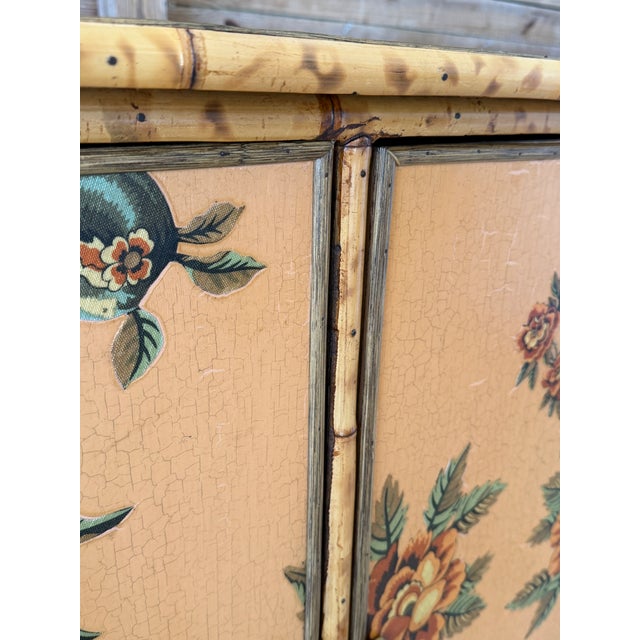 Mustard Vintage Coastal Tortoise Bamboo Sideboard Cabinet With Floral Decoupage & Crackle Finish For Sale - Image 8 of 12