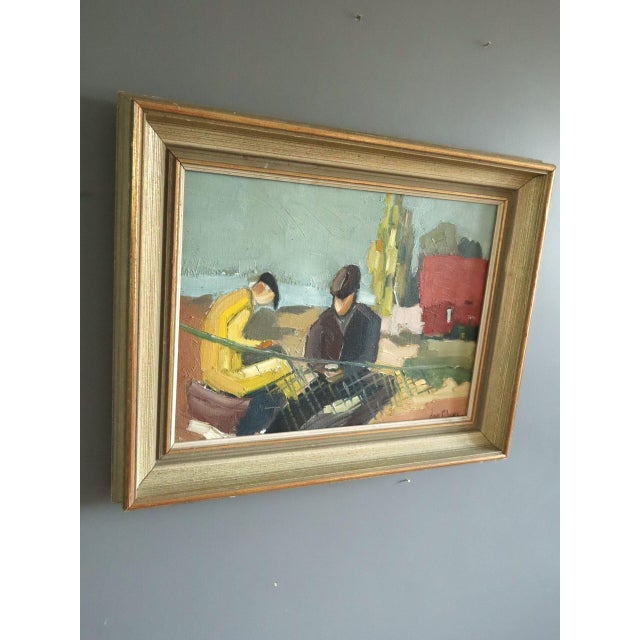 Mid-Century Modern Mid-Century Modern 'The Net Menders' Vintage Original Figurative Coastal Landscape Oil Painting, Framed For Sale - Image 3 of 11