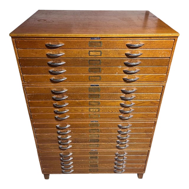 Vintage Mayline Stackable Wood Flat File Cabinets Four Sections With Original Base & Top. For Sale