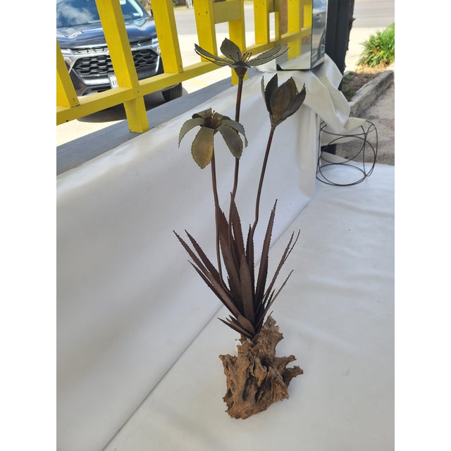 1960s Tall Vintage Copper Agave Sculpture on Driftwood For Sale - Image 5 of 12