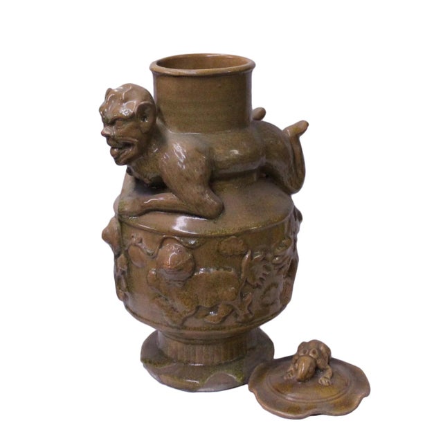 Ceramic Chinese Ancient Style Yellow Brown Ceremonial Jar With Relief Monster Motif For Sale - Image 7 of 8