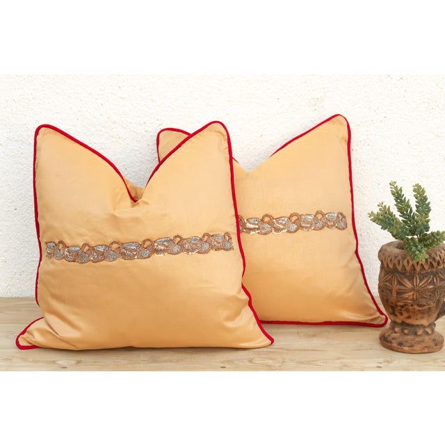 Gold Pair of Gold Zardozi-Embroidered Silk Pillow Covers, Embroidered Band For Sale - Image 8 of 8