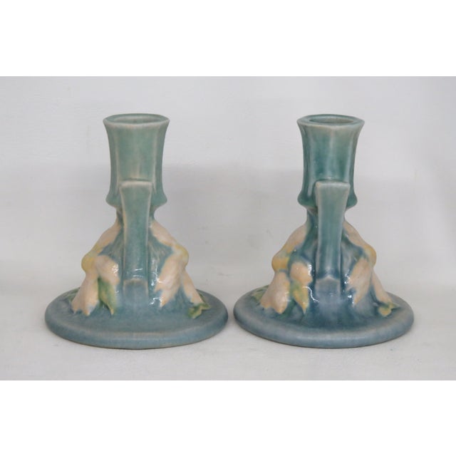 Ceramic Roseville Pottery Clematis Ceil Blue Candlestick Holders 1159 a Pair 4687b For Sale - Image 7 of 15