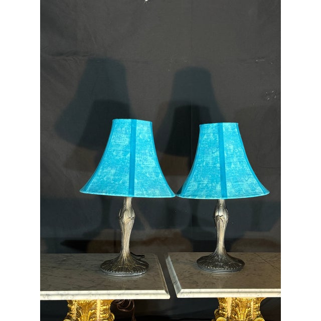 Mid 20th Century Matching Pair of Blue Shade Table Lamps With Bronze Tone Bases For Sale - Image 4 of 12
