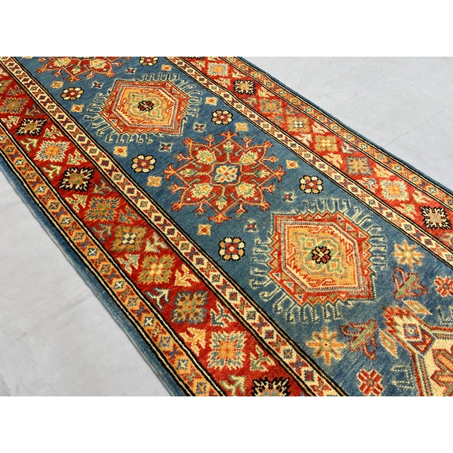 Art Deco Blue and Rust Red Kazak Wool Runner Rug, Tribal Hallway Rug, 2'9" X 9'9" For Sale - Image 3 of 16