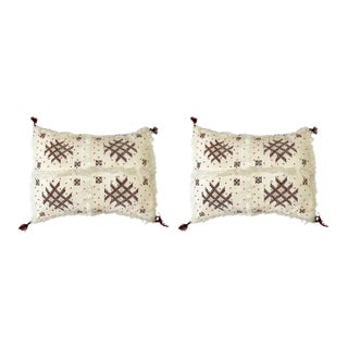 Boho Chic Moroccan Wool Beaded White & Purple Geometrical Design Pillow, a Pair For Sale