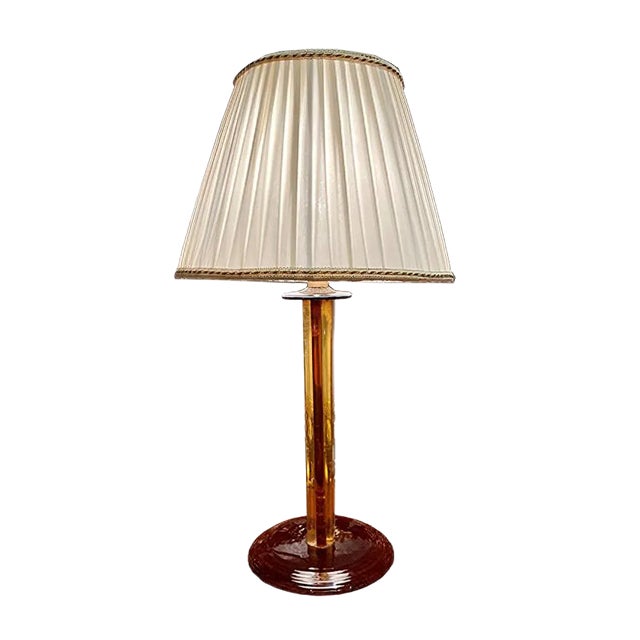 Venetian Amber-Colored Blown Murano Glass Table Lamp with White Silk Shade, 1950s For Sale