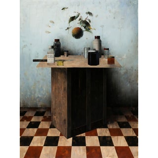 Harvester by Matthew Saba | Oil on panel Still life of jars on a table with a fruit above For Sale