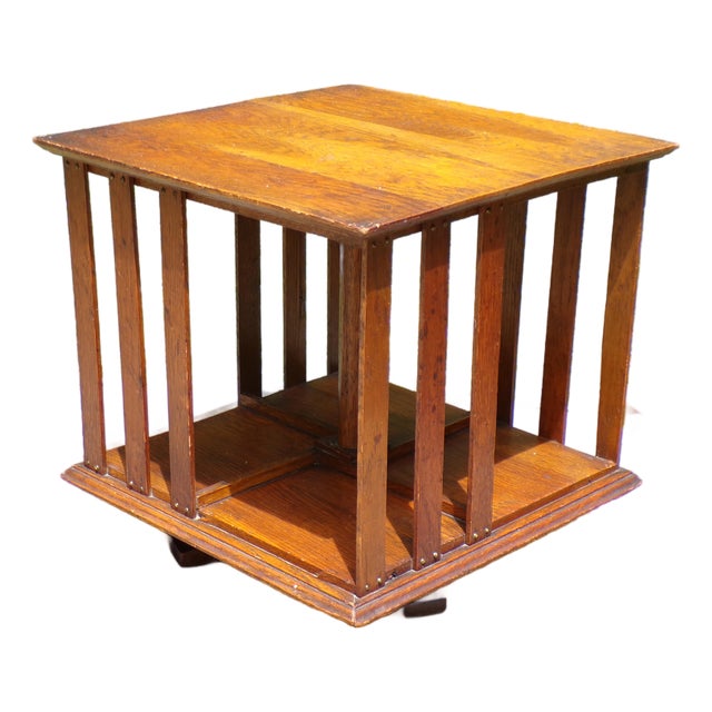 Antique Mission Era Solid Oak Desktop Revolving Bookcase For Sale