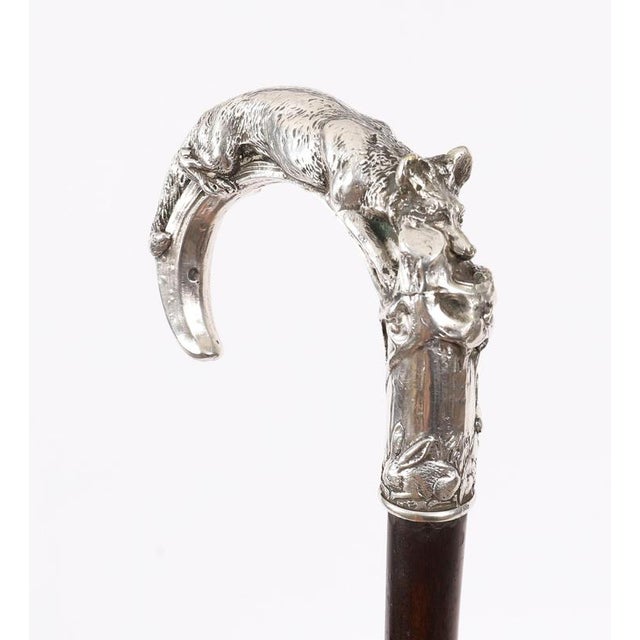 Metal Antique Silver Fox and Hare Handled Walking Stick Cane, 19th Century For Sale - Image 7 of 18