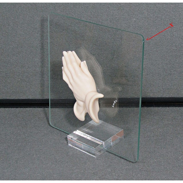 1980s Vintage 3-D Praying Hands Sculpture on Glass Panel With Acrylic Stand For Sale - Image 5 of 8