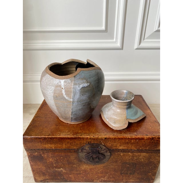 Mid-Century Modern Vintage 1976 Signed Handmade Ceramic Vessel With Zig Zag Cut Lid For Sale - Image 3 of 11