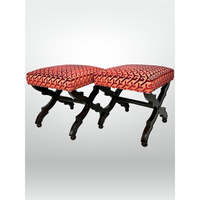 X-Base Stools Pair. Exposed Wood Stretcher Base. Niccolo Italianate. Made by The M.T. Company, in High Point, NC. Newly...