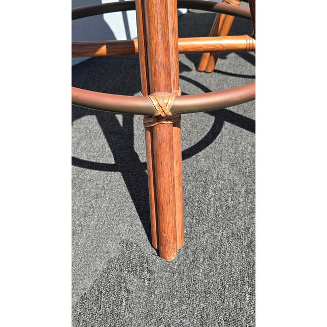 Pair of Vintage McGuire Bamboo Woven Leather Swivel Bar Stools Barstool For Sale - Image 13 of 15
