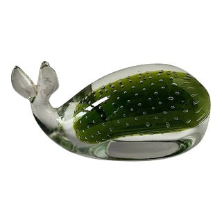 Vintage Mid 20th Century Art Glass Coastal Sour Apple Green Controlled Air Bubbles Whale Paperweight For Sale
