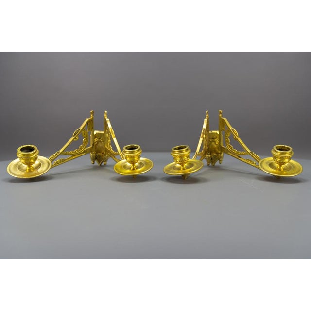 French Art Deco Brass Twin Arm Piano Candlestick Wall Lights by L. Pinet, 1930s, Set of 2 For Sale - Image 3 of 18