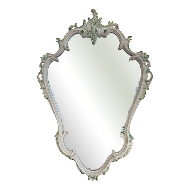 Vintage Baroque Style Wall Mirror in Green and White For Sale