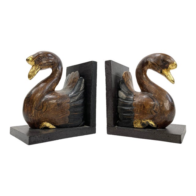 Vintage Wooden Swan Bookends With Gilt Detail For Sale