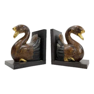 Vintage Wooden Swan Bookends With Gilt Detail