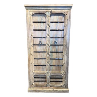 Rustic Distressed Indian-Style Wooden Armoire / Bookcase For Sale