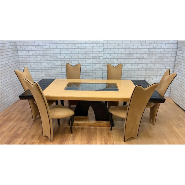 Late 20th Century Vintage Italian Art Deco Birdseye Maple and Black Lacquer Extending Dining Table With 6 High Back Chairs - 9 Piece Set For Sale - Image 5 of 12