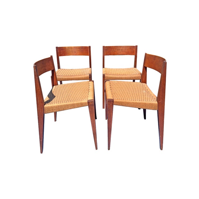 Tan Vintage Mid Century Modern Teak Danish Dinging Chairs With Rattan Paper Cord Rope Seating Set of 4 For Sale - Image 8 of 9