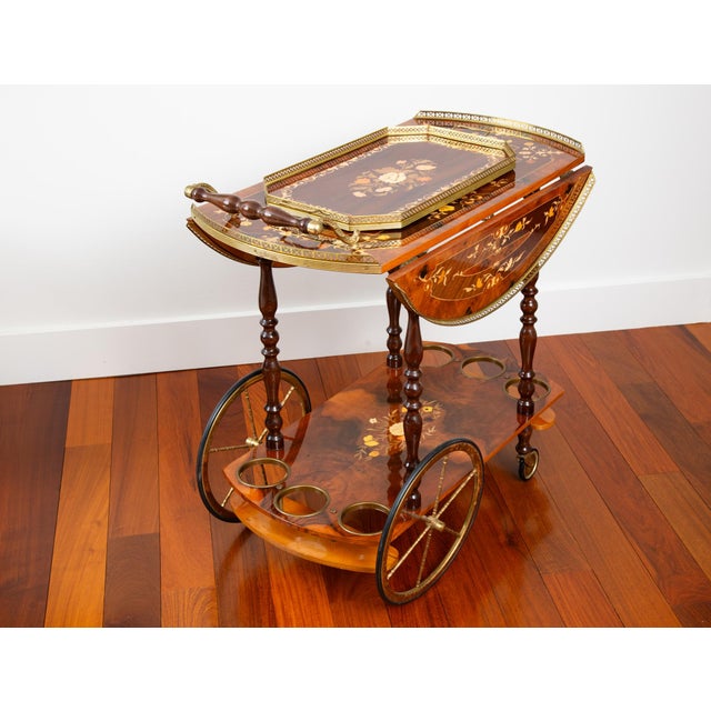 Vintage Italian Marquetry Bar Cart With Serving Tray For Sale - Image 9 of 11