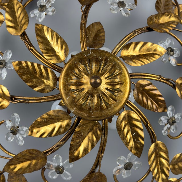 Large Vintage Gold Wrought Iron Ceiling Light with Glass Flowers, 1970s For Sale - Image 7 of 13