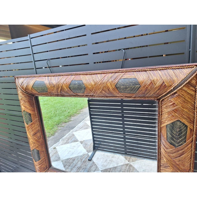 Wood Vintage Wrapped Rattan Brass Leaf Mirror For Sale - Image 7 of 12