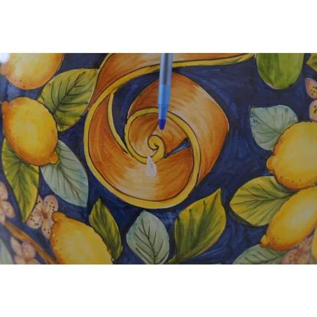 Majolica Large Italian Lemon & Leaf Vase W. Handles For Sale - Image 10 of 13