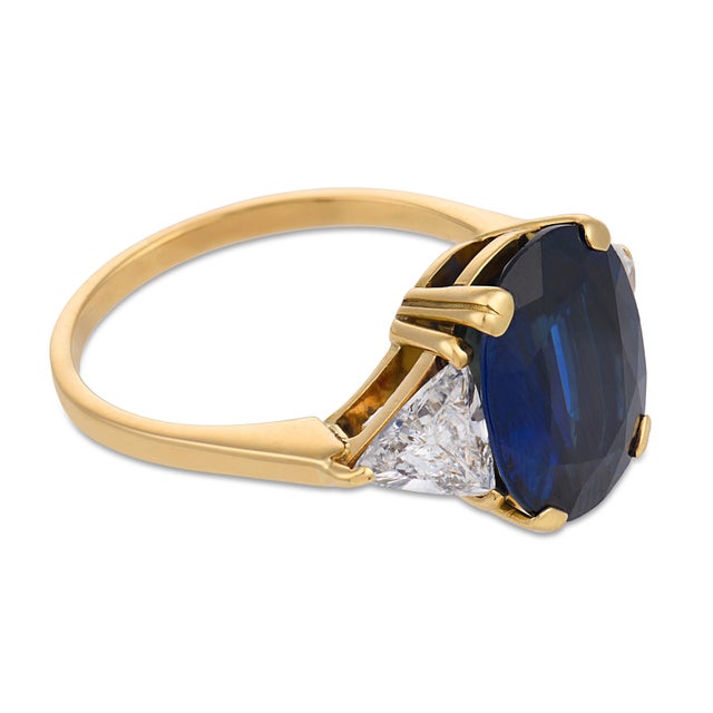 Vintage Gia 6.09 Carat No Heat Sapphire Diamond 18k Yellow Gold Ring, Size 9 For Sale - Image 4 of 6