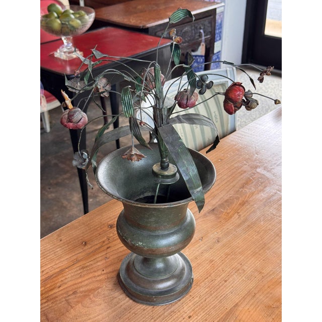 Traditional Pair of Tole Flower-Filled Urns For Sale - Image 3 of 6