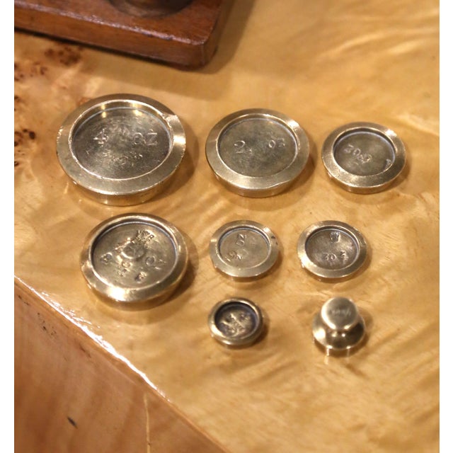 Brass Early 20th Century English Brass Postal Scale With Weights on Oak Base For Sale - Image 8 of 9