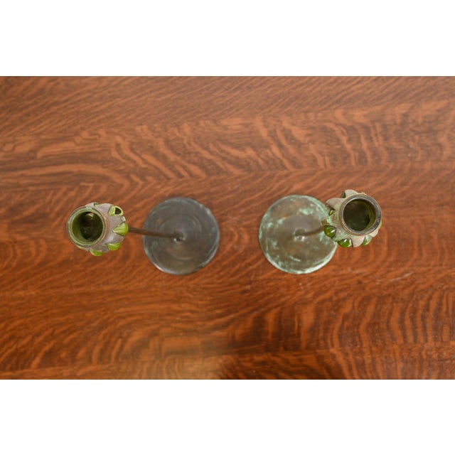 Early 20th Century Tiffany Studios New York Bronze and Green Favrile Glass Puddle Candlesticks, Pair For Sale - Image 5 of 12