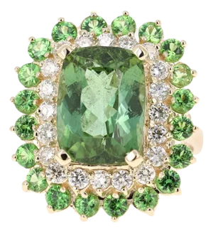 10.49 Carat Green Tourmaline Diamond 14 Karat Yellow Gold Cocktail Ring, Size 7