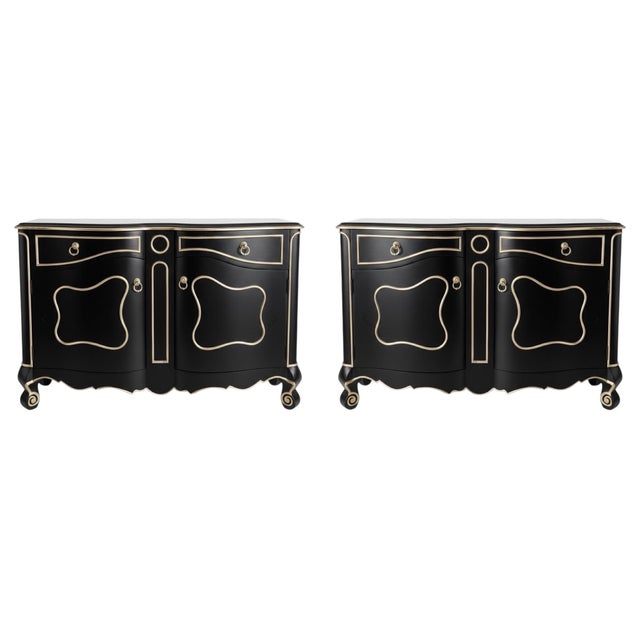 Late 20th-C. Modern French Louis XV Style Cabinet Black & Silver Gilt, Pair Available For Sale - Image 4 of 13