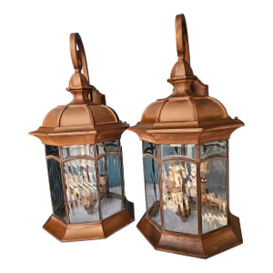 Late 20th Century Copper Patina Outdoor Wall Hanging Copper Lanterns - A Pair