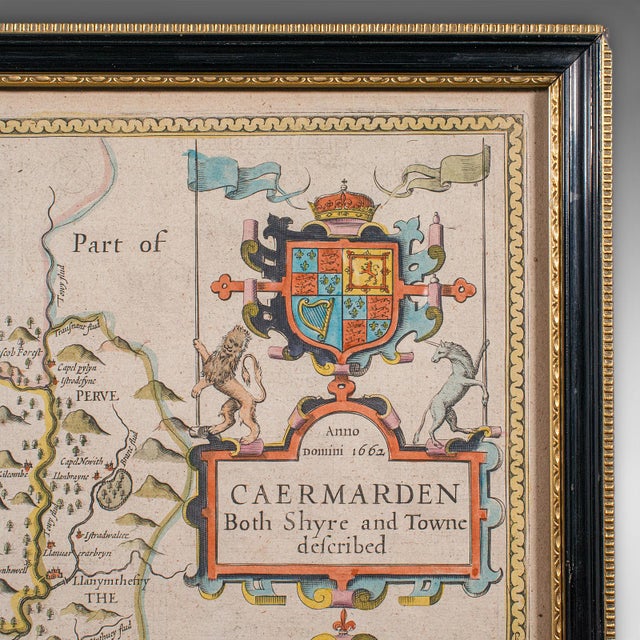 Antique Carmarthenshire County Map, Framed Wales Cartography, John Speed, c.1662 For Sale - Image 4 of 12