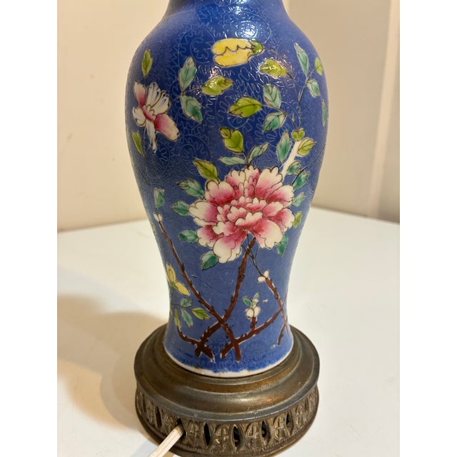 Vintage Chinoiserie Famille Rose Porcelain Table Lamp - Cobalt Blue & Hand-Painted Peonies For Sale - Image 4 of 9
