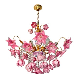 Vintage Murano Style Large Chandelier, Pink Floral Chandelier, Bouquet Style Ceiling Light, 4-Light Flush Mount For Sale