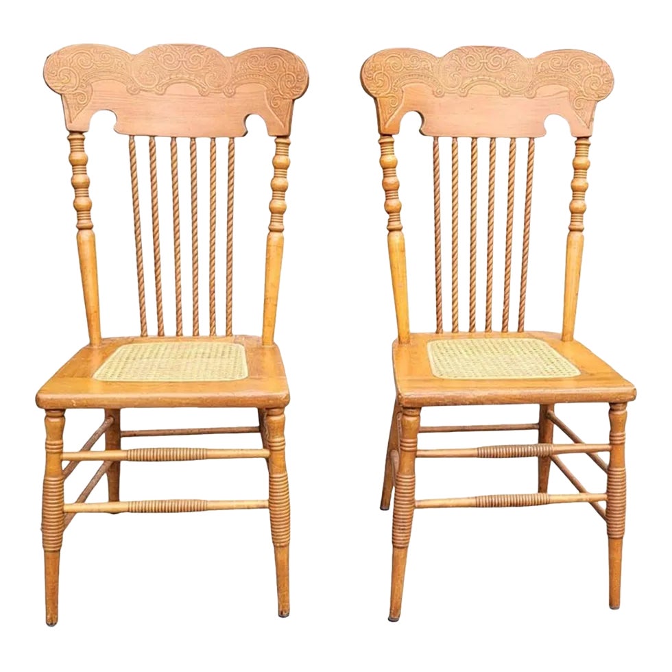 Refinished Pair of Victorian Style Press Back Spiral Maple Chairs With