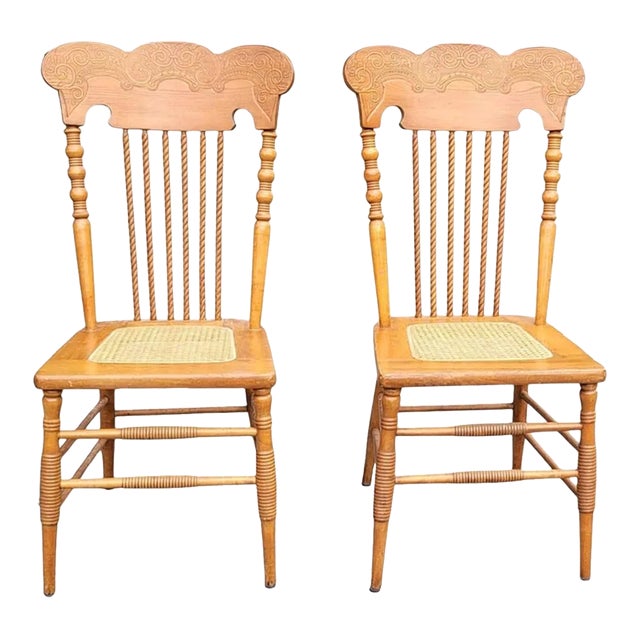 Refinished Pair of Victorian Style Press Back Spiral Maple Chairs With Cane Seat For Sale