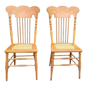 Refinished Pair of Victorian Style Press Back Spiral Maple Chairs With Cane Seat