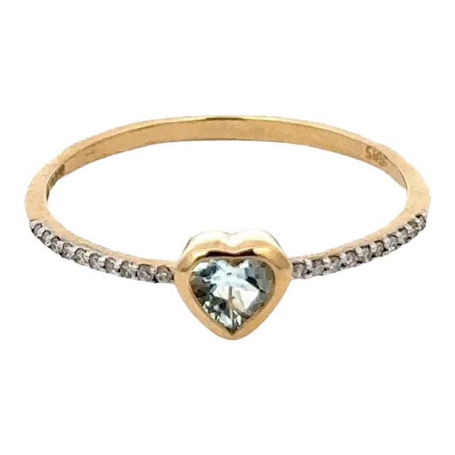 Dainty Heart Cut Aquamarine and Diamond 14k Solid Yellow Gold Ring Size 7 ( All Sizes Available) For Sale
