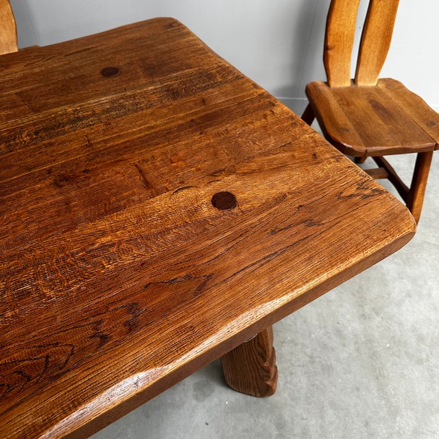 Brutalist Oak Dining Table and Chairs by De Puydt, Belgium, 1960s, Set of 5 For Sale - Image 10 of 14