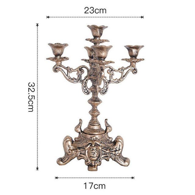 Traditional Ornate Gold Cast Iron Candelabra – 12.8" Five-Arm Candle Holder For Sale - Image 3 of 9