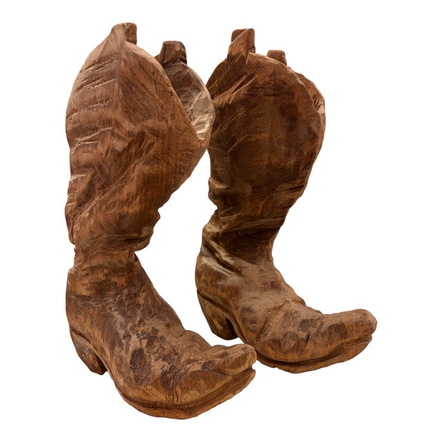 1970s Carved Cowboy Boots, Signed by Artist - Set of 2 For Sale