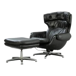 Late 20th Century Reclining Finnish Lounge Chair + Ottoman in Black Leather